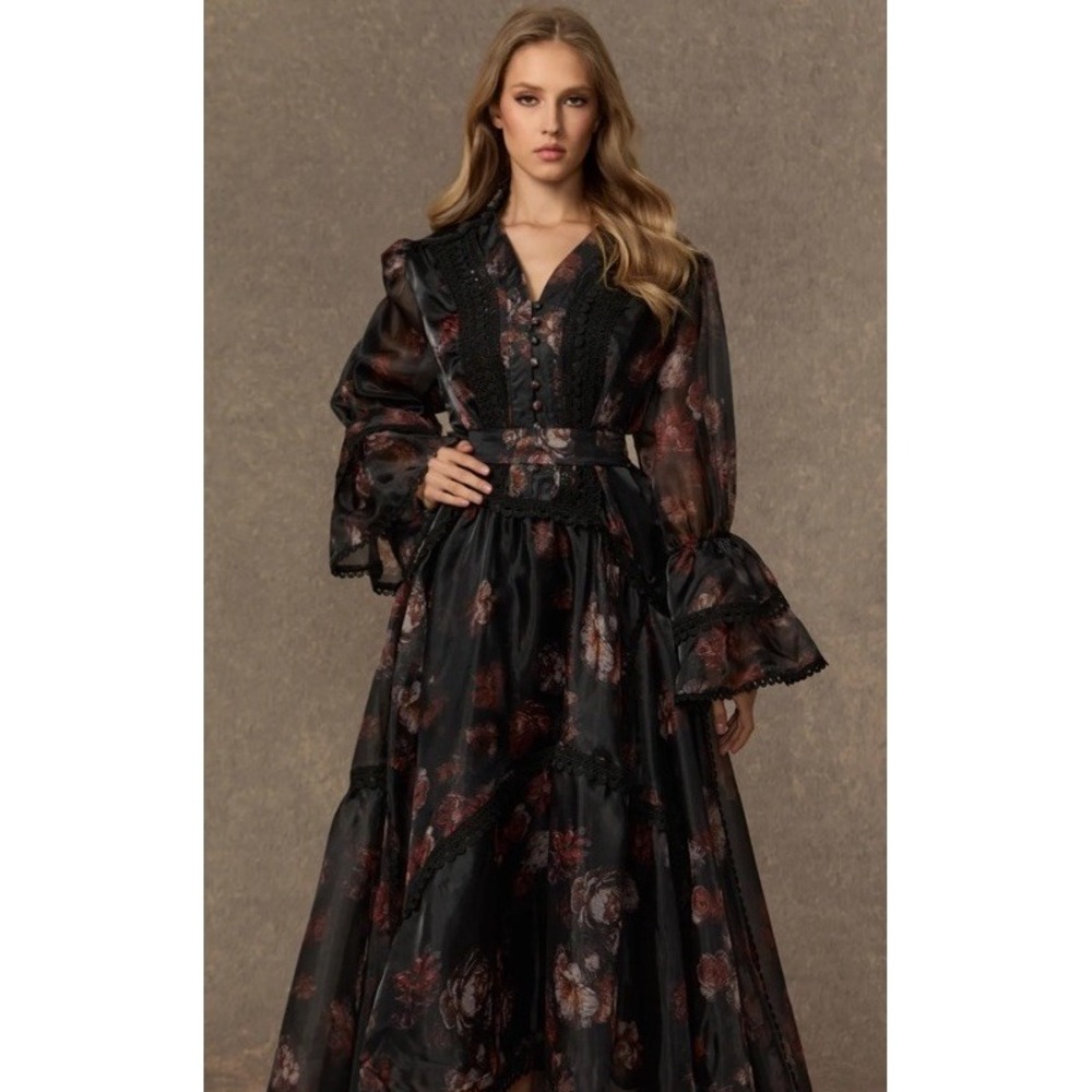 Sunfere Comfort Zone Black Floral Lace Trimmed Maxi Dress Size Large ( 13/b56)